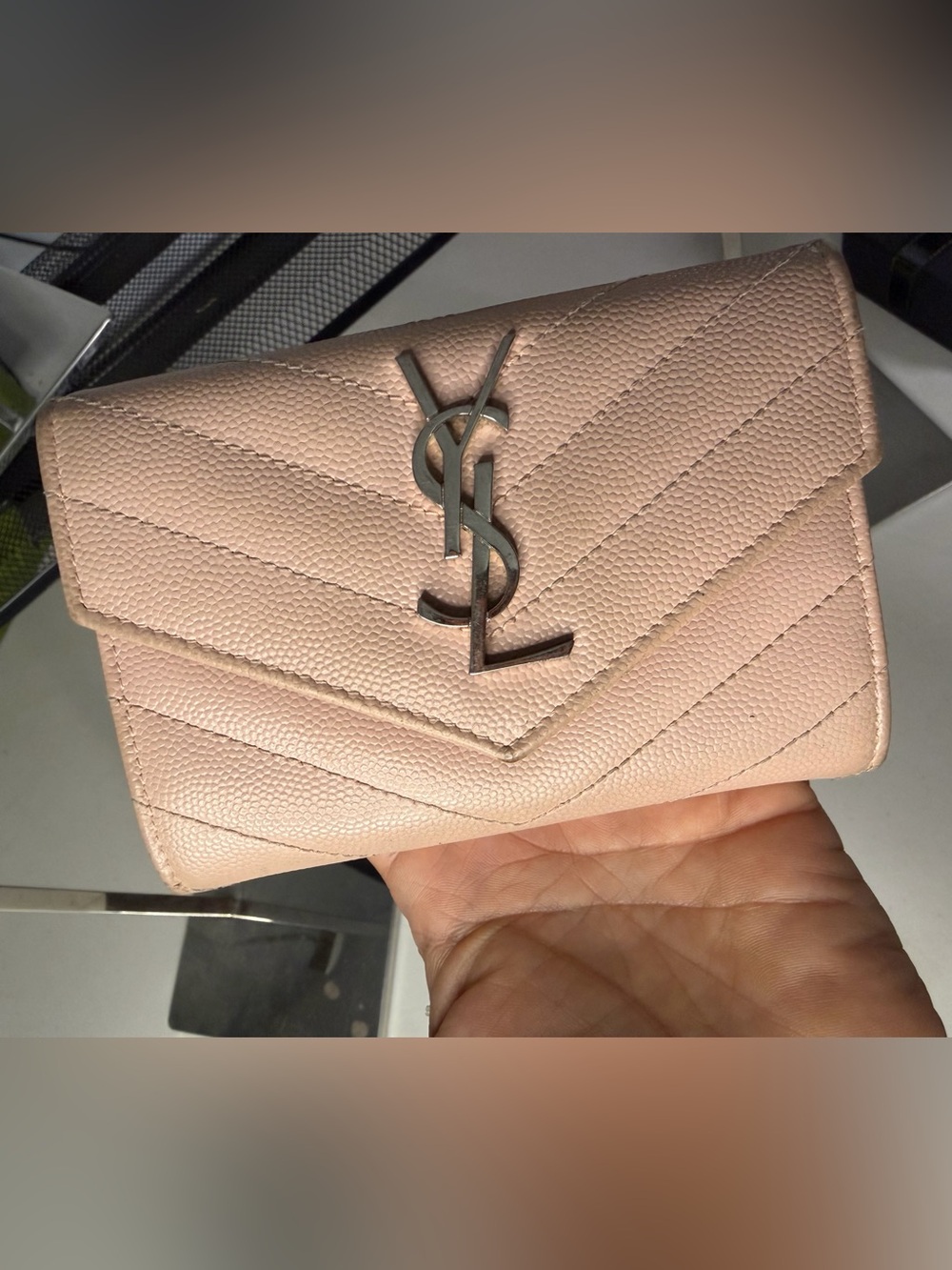 Authentic YSL Saint Laurent Monogram Chevron Pink Wallet + COA